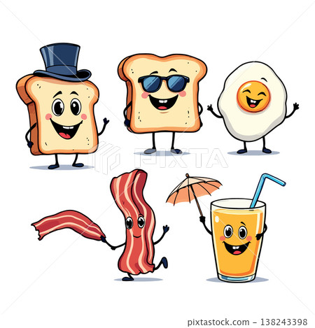 Funny breakfast characters enjoying their morning meal Funny breakfast characters enjoying their morning meal 138243398