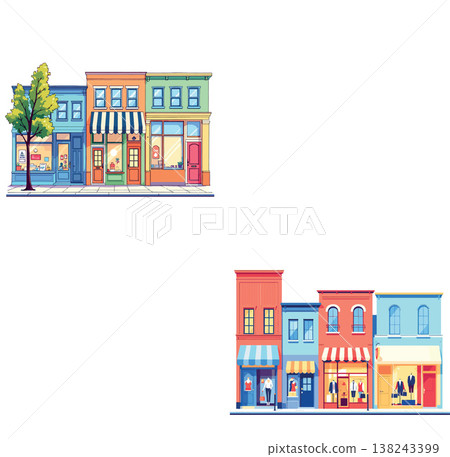 Colorful storefronts illustrating small businesses in a vibrant city district Colorful storefronts illustrating small businesses in a vibrant city district 138243399