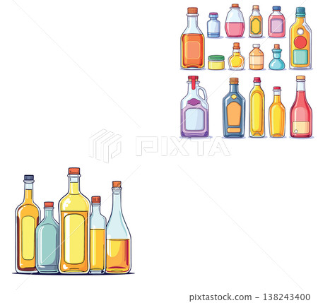Colorful bottles containing various liquids forming a diverse collection 138243400