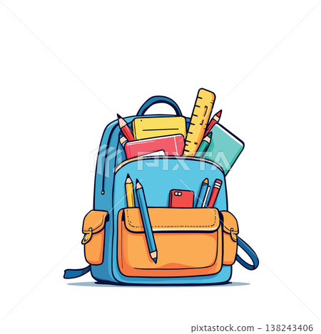 School backpack overflowing with colorful supplies for studying School backpack overflowing with colorful supplies for studying 138243406