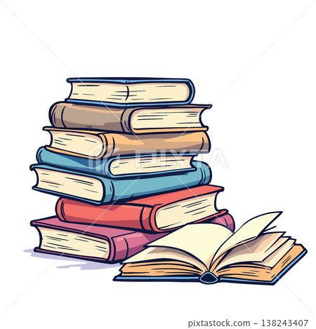 Stack of colorful books with open book lying in front 138243407