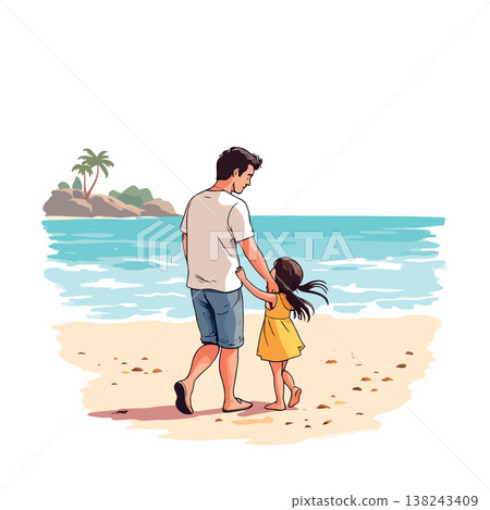 Father and daughter walking on tropical beach holding hands Father and daughter walking on tropical beach holding hands 138243409