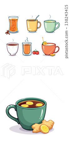 Steaming mugs and glasses showing variety of herbal teas and infusions with fruit and spices Steaming mugs and glasses showing variety of herbal teas and infusions with fruit and spices 138243415