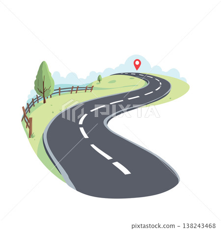 Winding road leading to destination with location pin in green landscape 138243468