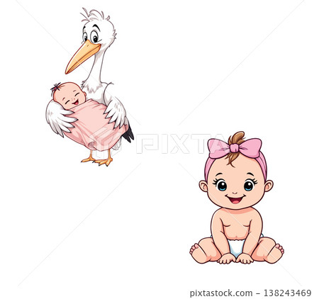 Stork carrying newborn baby and cute baby girl sitting Stork carrying newborn baby and cute baby girl sitting 138243469
