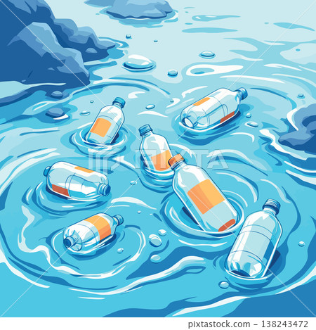 Plastic bottles floating in polluted ocean water near rocks 138243472