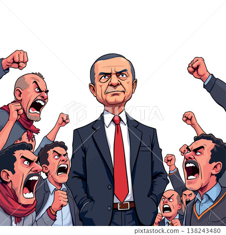 Politician facing angry crowd raising fists and shouting Politician facing angry crowd raising fists and shouting 138243480