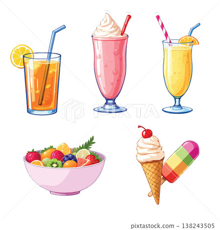 Refreshing summer drinks, ice cream, fruit salad and popsicle satisfying thirst and hunger 138243505