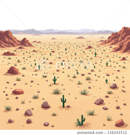 Cacti growing in a flat desert landscape illustration Cacti growing in a flat desert landscape illustration 138243512