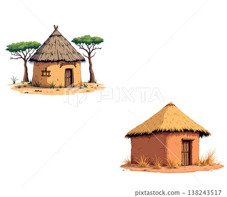 Two traditional african huts with thatched roofs in savanna landscape Two traditional african huts with thatched roofs in savanna landscape 138243517