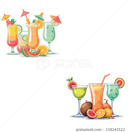 Refreshing tropical cocktails with fresh fruits and umbrellas Refreshing tropical cocktails with fresh fruits and umbrellas 138243522