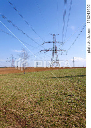 Electricity pylons conducting current from distribution power station, blackout and grid stability concept, copy space Electricity pylons conducting current from distribution power station, blackout and grid stability concept, copy space 138243602