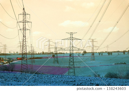 Electricity pylons conducting current from distribution power station, blackout and grid stability concept, copy space Electricity pylons conducting current from distribution power station, blackout and grid stability concept, copy space 138243603
