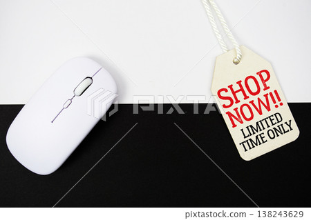 Price tag with Shop Now Limited Time Only and wireless mouse on white and black background Price tag with Shop Now Limited Time Only and wireless mouse on white and black background 138243629