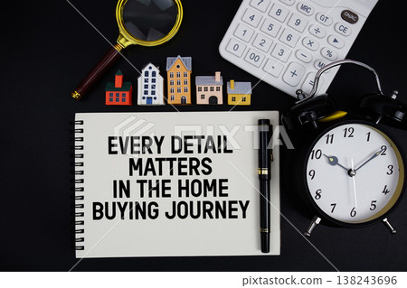 Notepad with the phrase "Every Detail Matters In The Home Buying Journey" surrounded by a pen, calculator, magnifying glass, clock, and house model Notepad with the phrase "Every Detail Matters In The Home Buying Journey" surrounded by a pen, calculator, magnifying glass, clock, and house model 138243696