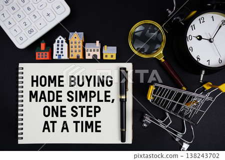 Notepad with the phrase "Home Buying Made Simple, One Step At A Time" surrounded by a pen, calculator, magnifying glass, clock, mini trolley shopping cart and house model Notepad with the phrase "Home Buying Made Simple, One Step At A Time" surrounded by a pen, calculator, magnifying glass, clock, mini trolley shopping cart and house model 138243702