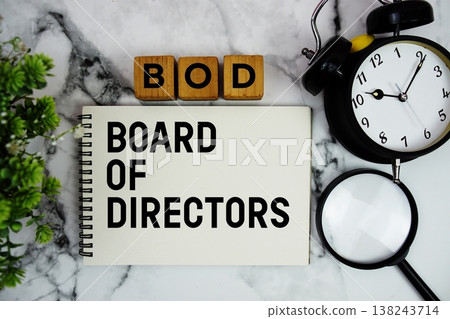 BOD Board of Directors text with alarm clock and magnifying glass on marble background BOD Board of Directors text with alarm clock and magnifying glass on marble background 138243714