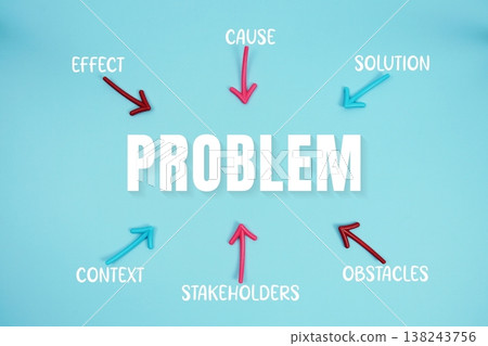 word "PROBLEM" on cards with colorful arrows pointing toward it on blue background word "PROBLEM" on cards with colorful arrows pointing toward it on blue background 138243756