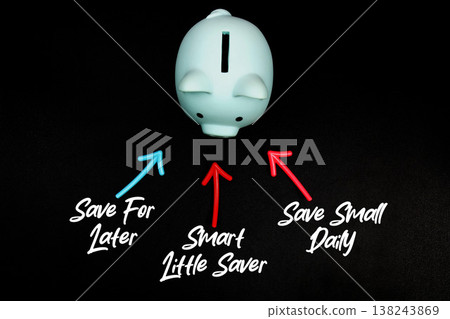 Pink piggy bank with three arrows pointing to financial tips: "Save for Later," "Smart Little Saver," and "Save Small Daily," highlighting practical strategies for better money management Pink piggy bank with three arrows pointing to financial tips: "Save for Later," "Smart Little Saver," and "Save Small Daily," highlighting practical strategies for better money management 138243869