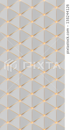 White abstract wallpaper featuring geometric shapes with triangles in the foreground. A texture with a repeating sci-fi-style geometric pattern and orange highlighting 138244126