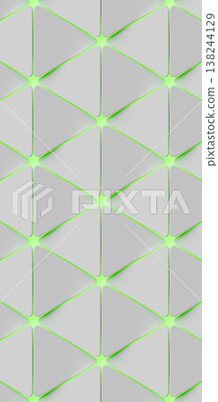 White abstract wallpaper featuring geometric shapes with triangles in the foreground. A texture with a repeating sci-fi-style geometric pattern and green highlighting 138244129