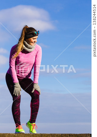 Woman fitness sport girl training outdoor in cold weather Woman fitness sport girl training outdoor in cold weather 138244514