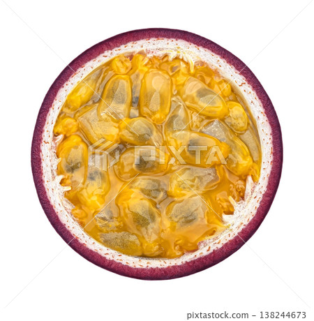 Passion fruit slice isolated on white background, top view, flat lay Passion fruit slice isolated on white background, top view, flat lay 138244673