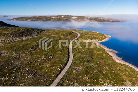 Road crossing Hardangervidda plateau, Norway. Aerial view. Road crossing Hardangervidda plateau, Norway. Aerial view. 138244760