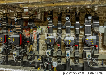 Industrial heating system with multiple boilers and pressure gauges Industrial heating system with multiple boilers and pressure gauges 138244782
