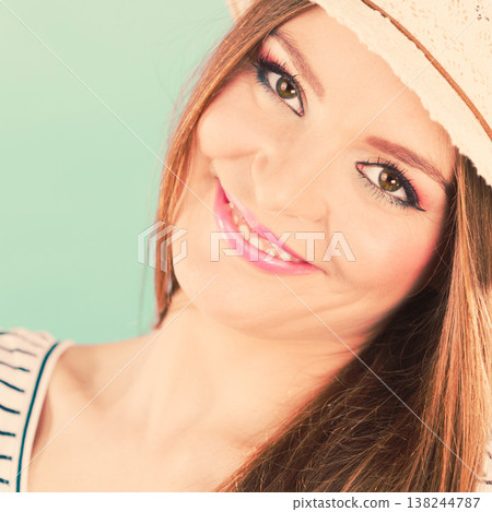 Happy cute tourist girl in straw hat. Happy cute tourist girl in straw hat. 138244787