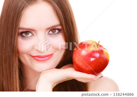 Woman charming girl colorful makeup holds apple fruit 138244866
