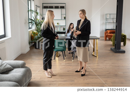 Businesswomen engaging in a a conversation, collaborating and communicating in a modern bright office environment, with other colleagues working in the background 138244914
