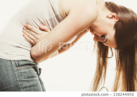 Woman suffering from stomachache pain. Period. Woman suffering from stomachache pain. Period. 138244958