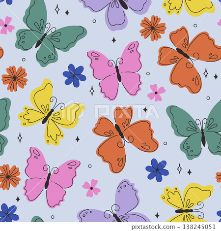 Seamless pattern with colorful butterflies and flowers. Vector graphics. 138245051