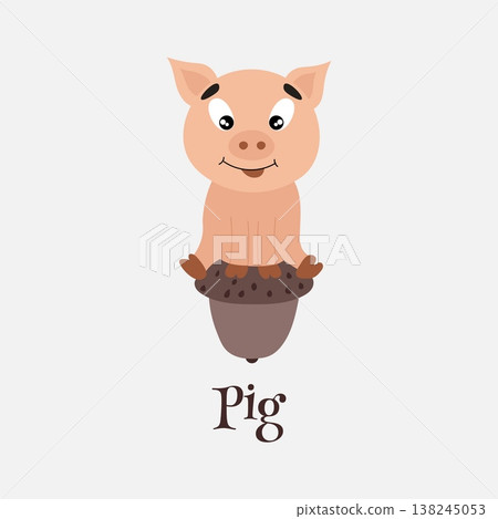 Cute pig sitting on acorn and smiling vector illustration 138245053
