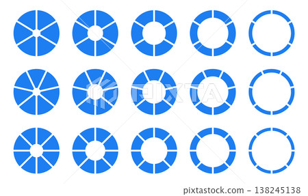 Circle division on 6, 7, 8 equal parts. Infographic wheel round divided blue diagrams six, seven, eight segments. Coaching blank. Section flat graph. Set of pie, pizza chart icons. Donut empty charts. 138245138