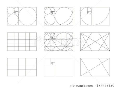 Golden ratio layout. Method golden section frames. Fibonacci array, numbers templates set. Harmony proportions outline black grid. 138245139