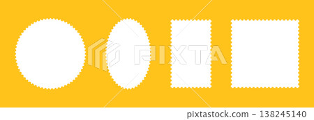 Postage stamp frames set. Empty backdrops, borders for postcards, letters. Circle, rectangular white vintage stamps icons. Tags, flat labels, coupons, boxes with curvy, wiggly, wavy perforated edges. 138245140