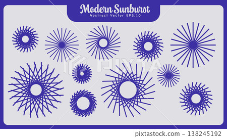 Blue abstract geometric shapes featuring blue sunburst rays and circular linear patterns collection isolated on a white background. 138245192