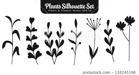 Silhouette Botanical Wildflower and Minimalist Leaf Branch Floral Set.Vector Illustration Silhouette Botanical Wildflower and Minimalist Leaf Branch Floral Set.Vector Illustration 138245196