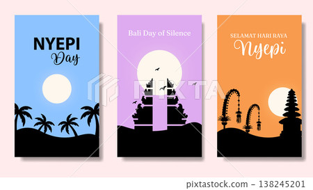 Nyepi Day Bali Day of Silence Flat Poster Collection.Vector Illustration 138245201