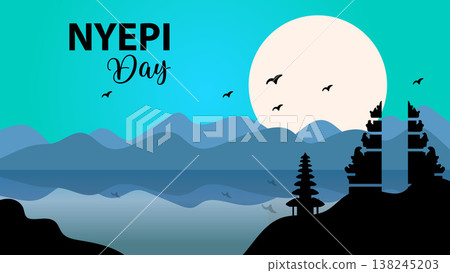 Nyepi Day Bali Holiday Greeting Banner with Pagoda and Mountain Landscape.Vector Illustration Nyepi Day Bali Holiday Greeting Banner with Pagoda and Mountain Landscape.Vector Illustration 138245203