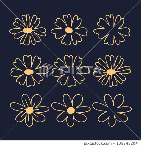 Gold Flower Line Art Drawing Doodle Collection for Spring Floral Decorative Elements.Vector Illustration Gold Flower Line Art Drawing Doodle Collection for Spring Floral Decorative Elements.Vector Illustration 138245204