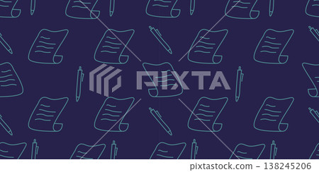 Seamless Pattern Notes and Pen Doodle Line Drawing on Blue Background.Vector Illustration 138245206