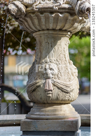 Ornate Stone Fountain Detail with Dripping Water Ornate Stone Fountain Detail with Dripping Water 138245307