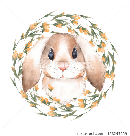 Cute watercolor portrait of floppy eared rabbit with big dark eyes enclosed within round botanical wreath with yellow flowers 138245339