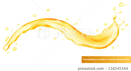 Golden liquid splash with drops on white. 138245344