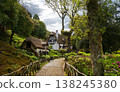 Charming traditional architecture nestled in the verdant hills of Madeira levada PR9 Levada do Caldeirao Verde, featuring a stone path lined with trees and vibrant vegetation 138245380