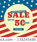 4th of July sale banner background design. Independence Day special offer 50 percent off promotional template with patriotic stars and striped flag in retro vintage style. Vector illustration 138245686