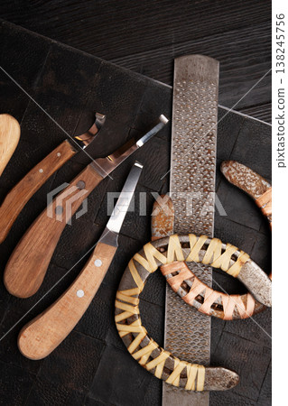 new professional hoof  knives with  rasp for trimming horsy foot at black background. horse hoof care concept 138245756